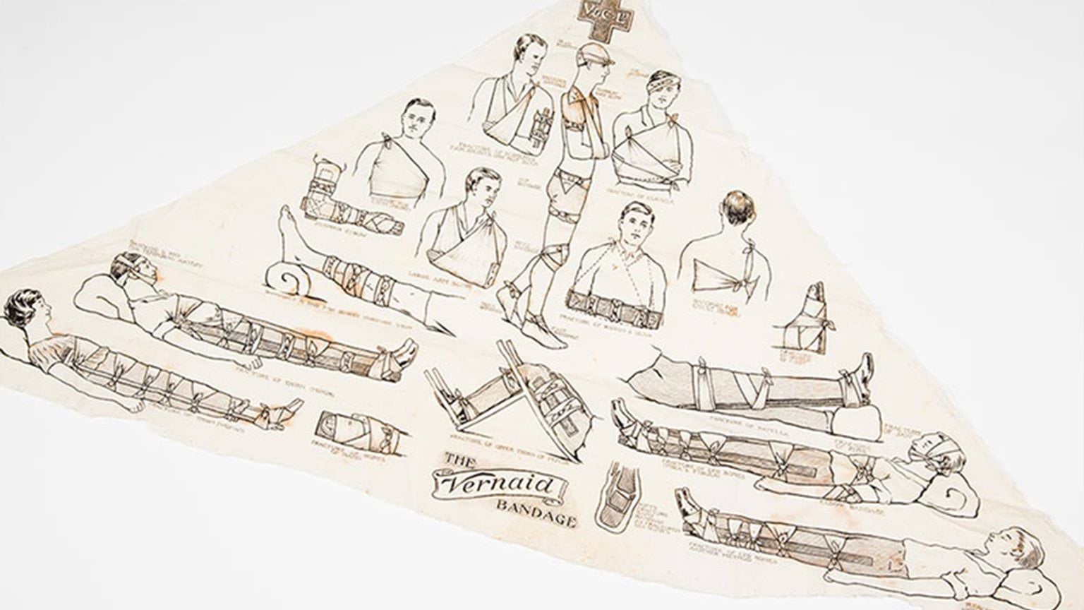 A triangle sheet of paper with illistrations on how to administer bandage to a patient.