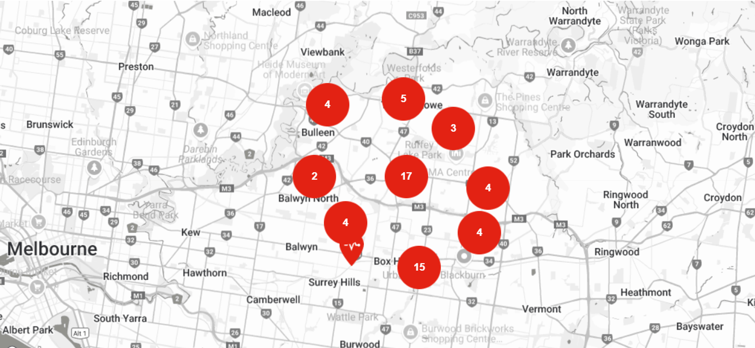 Map showing AED locations
