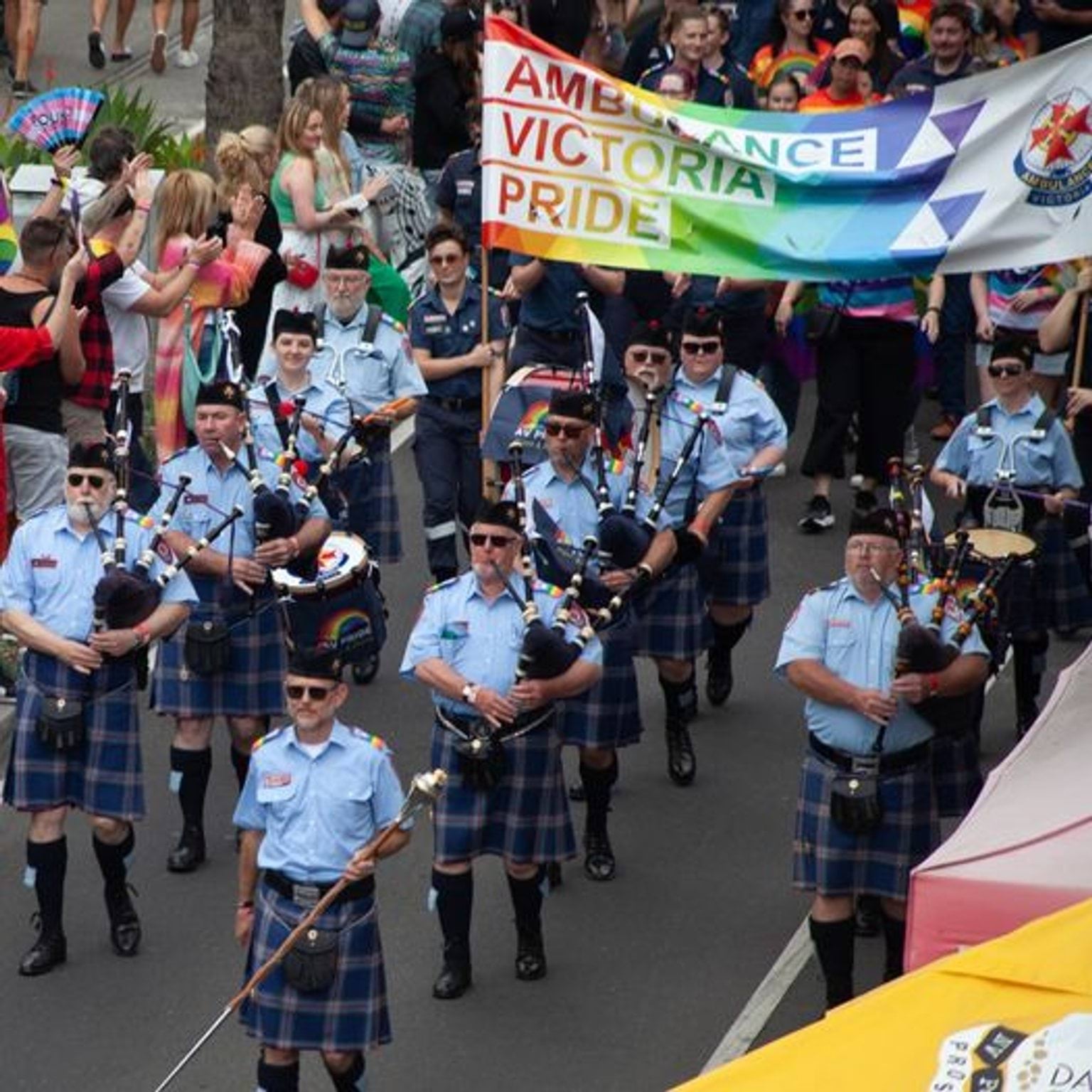 Members of the AV Pipes and Drums march in the Midsumma Parade
