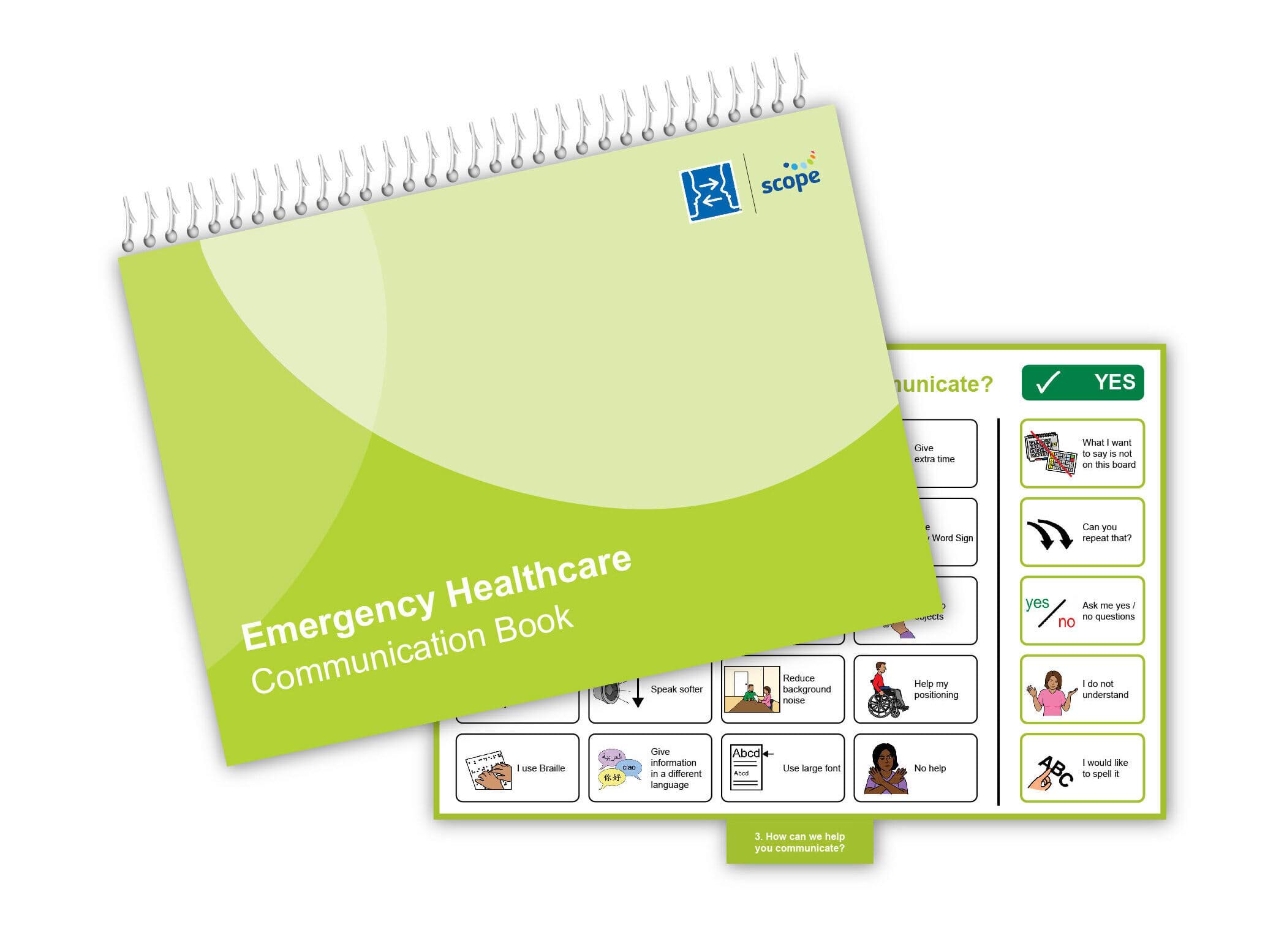 The cover and an internal page of the emergency healthcare communication book